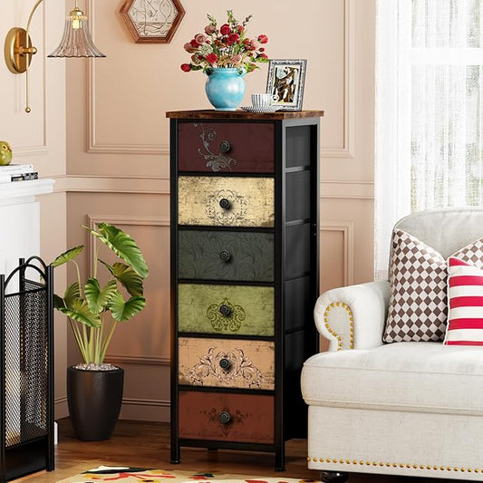 Tall Dresser with 6 Drawers, Pattern Storage Drawer Units, Storage Tower Units, Fabric Dresser Nightstand for Bedroom, Hallway, Entryway, Closets, Dorm