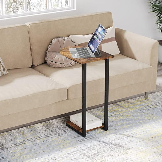 Hosfais Side Table Small End Table, C-Shaped Wood Sofa Table with Metal Frame for Living Room, Bedroom, Small Spaces (Rustic Brown)