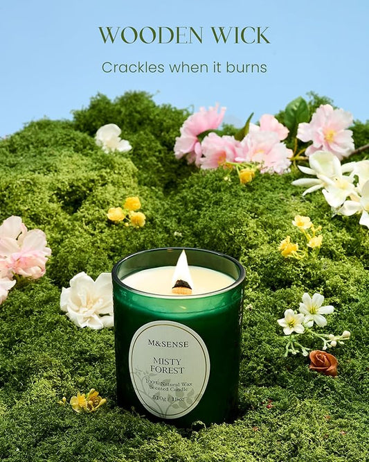 M&SENSE Misty Pine Forest Candle, Cracking Wooden Wick Soy Wax, 18oz 100 Hours Long Lasting Clean Burn, Large Fall Candles for Home Scented, Winter Holiday Gifts for Women Christmas