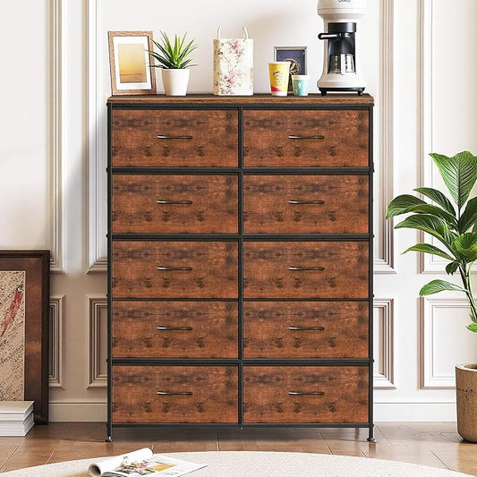 10-Drawer Dresser for Bedroom, Anti-Tip Tall Storage Organizer Chest of Drawers with Wooden Top and Metal Frame Fabric Bins for Closet, Living Room, Hallway, Entryway, Brown