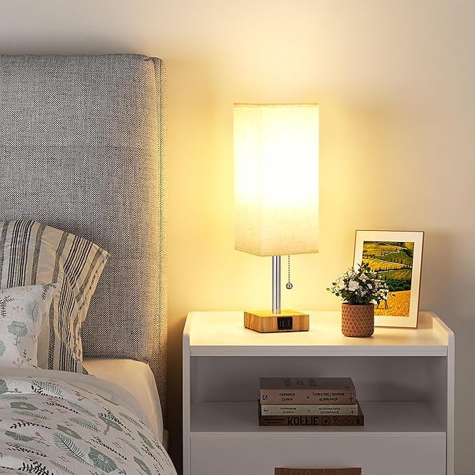 aooshine Beige Small Table Lamp for Bedroom - 3 Color Temperature 3000K 5000K 4000K Bedside Lamp, Pull Chain Control, USB A and C Ports, Wood-Grain Base, Bulb Included