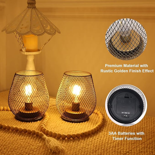 DECORKEY Set of 2 Battery Operated Lamp LED Table Lantern, Golden Metal Cage Cordless Lamps with LED Bulb,Vintage Decorative Outdoor Lantern for Weddings, Parties, Patio, Events for Indoor Shelf Decor