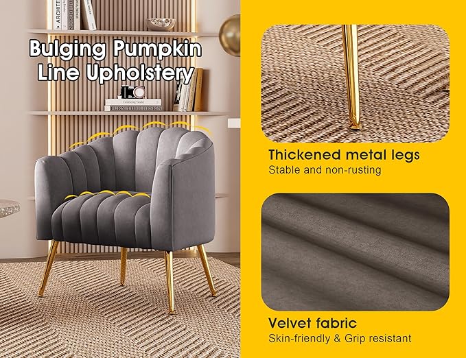 Oversized Pumpkin Couch Accent Chair, Modern Comfy Velvet Upholstered Barrel Chairs, Luxury Single Sofa Armchair for Living Room, Waiting Room, Office and Vanity, (Grey)