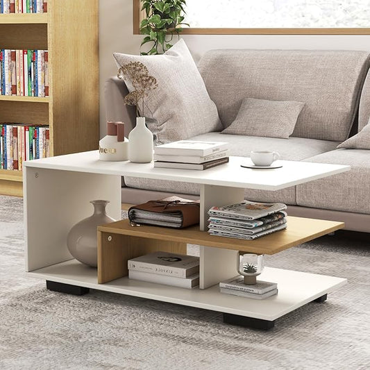 COSTWAY Morden Coffee Table with Storage Shelves, 36 Inch 3-Tier Rectangular Wooden Tea Table, Accent Center Table for Living Room Apartment Reception, White
