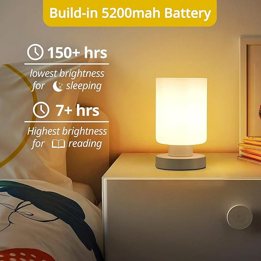 Cordless Bedside Lamp, Portable Rechargeable Table Lamps for Bedroom for Night Stands, Touch Stepless Dimmable Desk Lamp, Warm LED Bulb, Cylindrical Shape, 1 Set, White