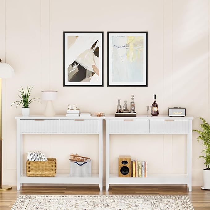 39 inch Entryway Table with Storage, Narrow Console Table with 2 Drawers, Modern Sofa Table with Open Storage Shelf for Living Room, Foyer Hallway, White