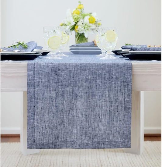 Solino Home Linen Chambray Indigo Table Runner 132 Inches Long - Athena, 100% Pure Linen Dining Table Runner 14 x 132 Inch for Christmas