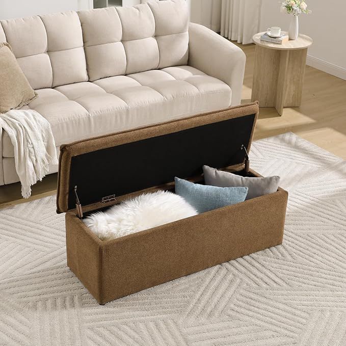 CIMOTA Storage Ottoman Bench, Upholstered End of Bed Storage Bench with Safety Hinge, Large Storage Chest with Seating, Modern Entryway Bench for Bedroom, Living Room, Chenille Brown
