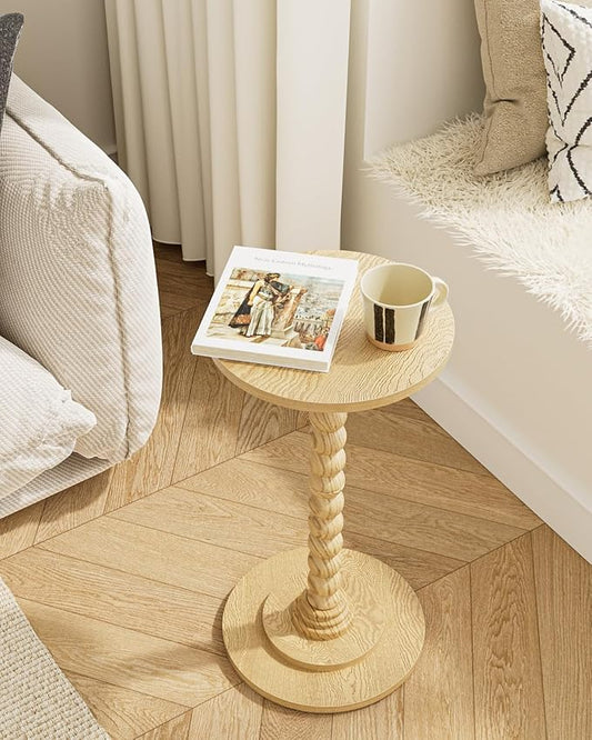 Masupu Round Side Table, Small End Table for Small Spaces, Pedestal Drink Table with Solid Wood Leg for Living Room, Bedroom, Corners(Natural)