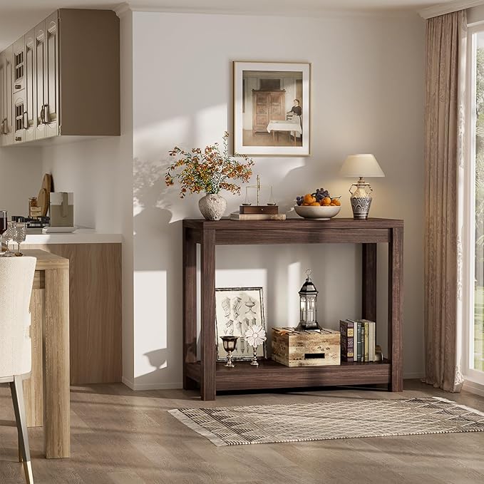 Small Farmhouse Wood Entryway Table Narrow Console Table with Storage Behind Couch Sofa Table with Shelves Entry Way Tables with Open Storage, Easy Assembly, 32" Black Walnut