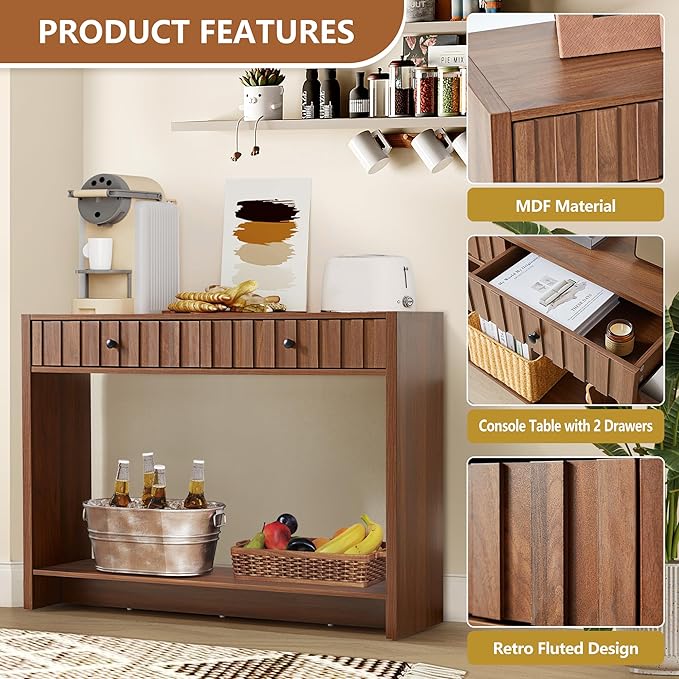 AVZEAR Entryway Console Table with Fluted Drawers, Mid Century Entryway Table with Storage, 43" Long Couch Table Behind Sofa Narrow Sofa Table Console Tables for Living Room Hallway Entrance, Walnut