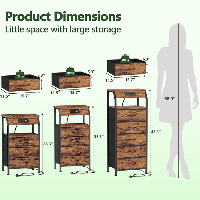 Furnulem Night Stand with Charging Station, Small Dresser with 4 Fabric Drawers, 33.3 Inch Tall Bedside Table, Storage Tower for Closet, Entryway, Bedroom Furniture, 3 Ways to Use, Rustic Brown