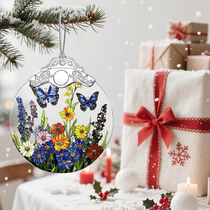Stained Glass Butterfly-Flower Christmas Ornament: Christmas Tree Ornaments & Decor, Holiday Decor – Holiday Presents, Gift Ideas & Gifts for Friends, Coworker, and Family
