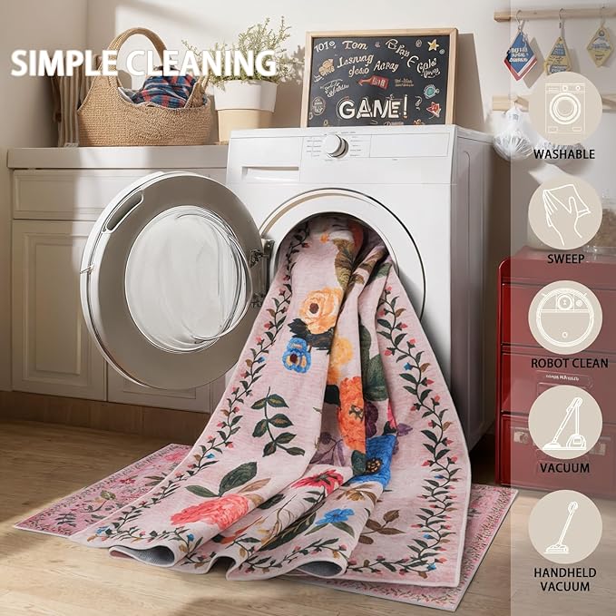 Pink Floral Rug for Entryway 2x3, Washable Kitchen Mat Ultra-Thin Soft, Non-Slip Indoor Door Carpet Stain Resistant Boho Small Low-Pile Throw for Bathroom Bedroom (2 x 3, Pink Lawn)