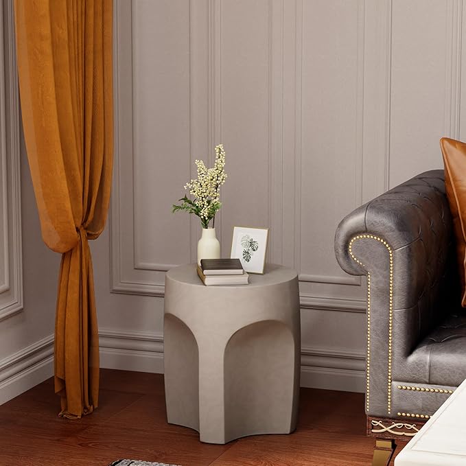 HOMPUS Outdoor Side Table w Arch Shape Set of 2, Unique Patio End Table, Round Lightweight Concrete Accent Table, Modern Vintage Garden Tool for Indoor Use, Grey