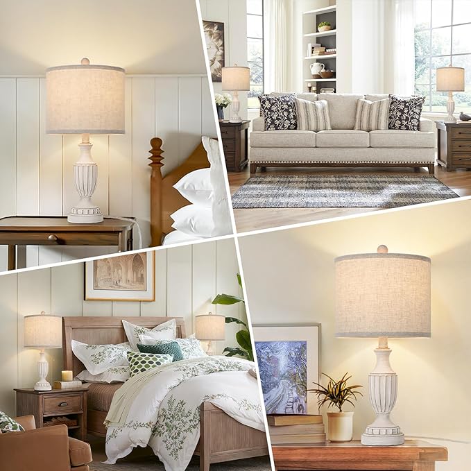 TOBUSA 22“ Farmhouse Table Lamps Set of 2, White Rustic Vintage Table Lamps for Living Room Bedroom, Antique Bedside Desk Lamps with Linen Shade, Traditional Resin Nightstand Lamp Sets for End Table