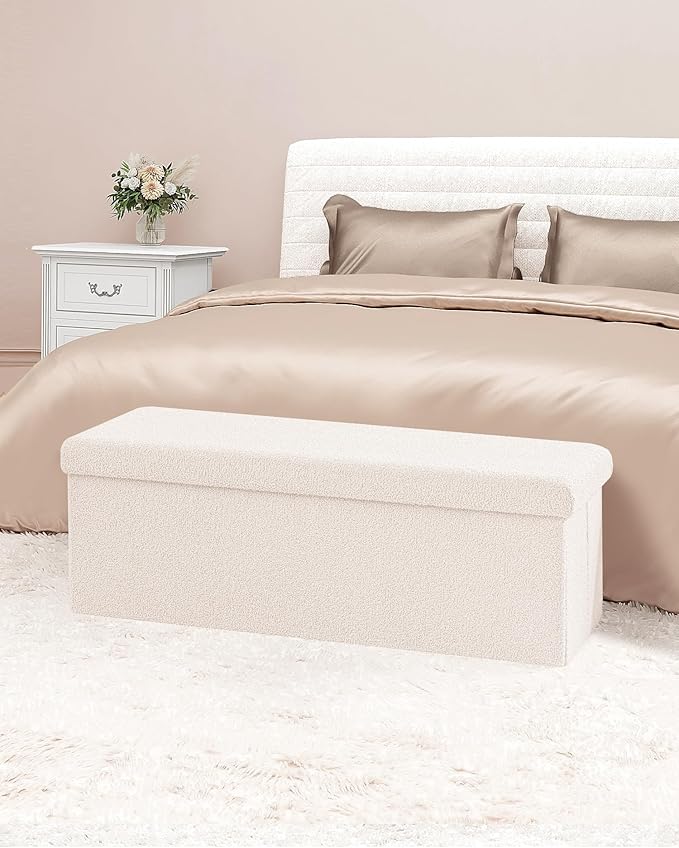 B FSOBEIIALEO Small Storage Ottoman Cube Sherpa Ottomans Foot Rest, Foldable Boucle Ottoman Bench, Faux Teddy Fur, Cream White 43.3"x15"x15"