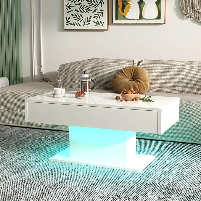 LED Coffee Table with Storage for Living Room, Living Room Table Rectangular Center Table, Modern High Glossy Wooden Coffee Tables with 16 Colors LED Lights for Dining Reception Room, White