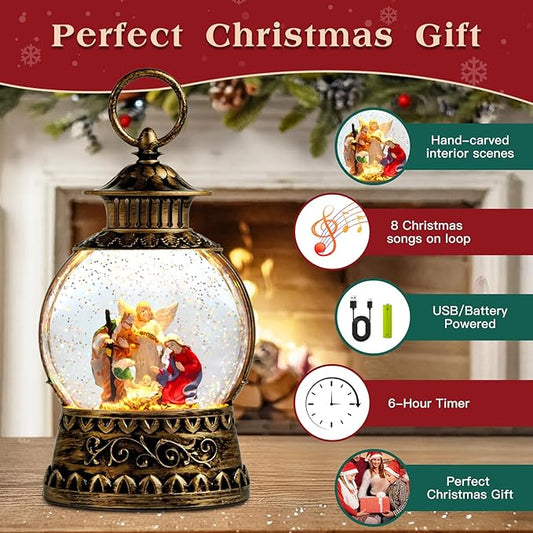 Christmas Nativity Snow Globe, Nativity Musical Snow Globe Lantern Lights with 6H Timer Battery & USB Powered, Retro Style Holiday Glitter Globe for Xmas Home Decoration Holiday Party Gifts