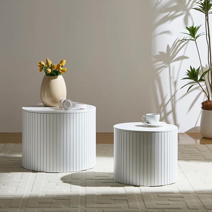 Round Coffee Table Set of 2 for Living Room, Wood Small Nesting Tables with Storage, Circle Side Table, Modern Accent End Table with Moveable Lid for Bedroom,White