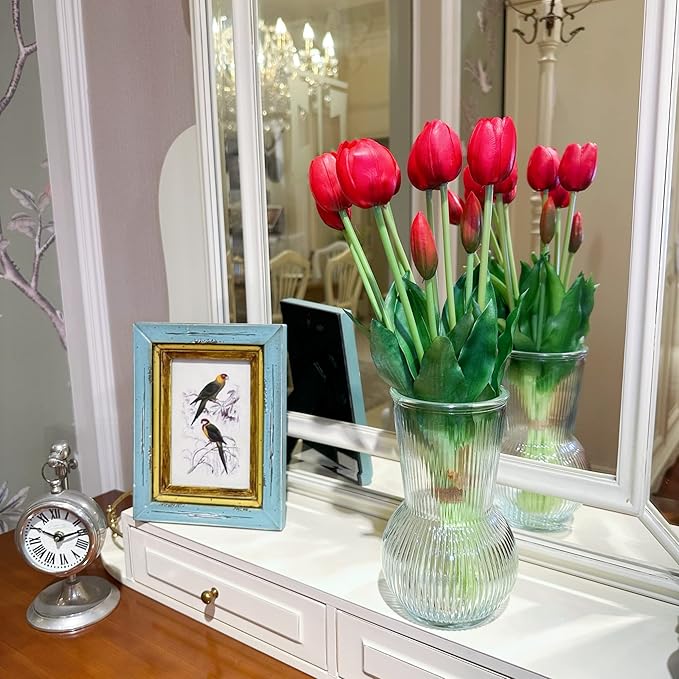 16-inch Premium Real Touch Fake Tulips, Artificial Flowers with Buds, Flexible Stem Easy to Shape, Faux Tulips (Vase not Included), 5-Pack Set of Passion Red