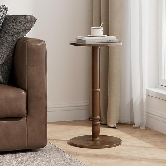 Round Side Table, Solid Wood Pillar with Wood Top & Base, Small Drink Accent Table for Living Room, Bedroom, Sofa & Office, Easy Assembly, Rustic Brown