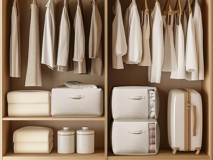 Large Canvas Clothes Storage Bags with Thick Handles and Clear Window, Foldable Cotton Linen Underbed Closet Organizer for Clothing, Blankets and Bedding, 60L, 6 Pack, Beige