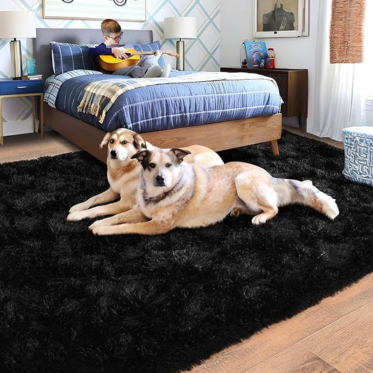 Large Rugs for Living Room 9x12, Soft Shaggy Modern Shag Area Rug for Bedroom, Upgrade Non-Slip Plush Fluffy Carpet for Kids Boys Girls Room Home Decor Aesthetic, Black