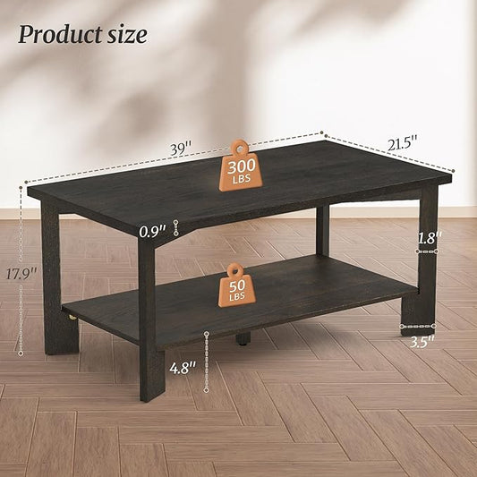 39 Inch Coffee Table,Wood Rectangle Modern Center Table with 2-Tier Storage Shelf for Living Room,Dark Brown