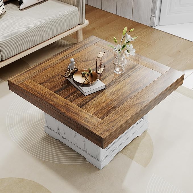 Coffee Table 31.5 in Farmhouse Center Table with X Design Wooden Pedestal for Living Room, Small Square Home Office Tea Accent Table for Dining Room Apartment, Antique White