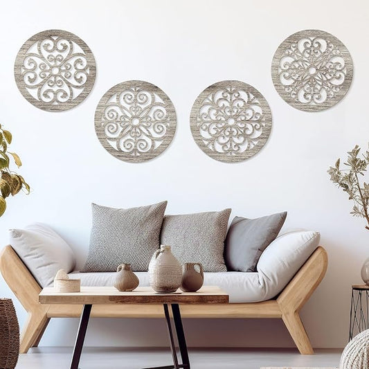 Zzbakress 4 Pieces Farmhouse Wall Decor Rustic Circle Wall Decor Wooden Hollow Carved Round Wall Art for Living Room Bedroom Kitchen Bathroom Home Wall Decoration (Delicate, Retro)