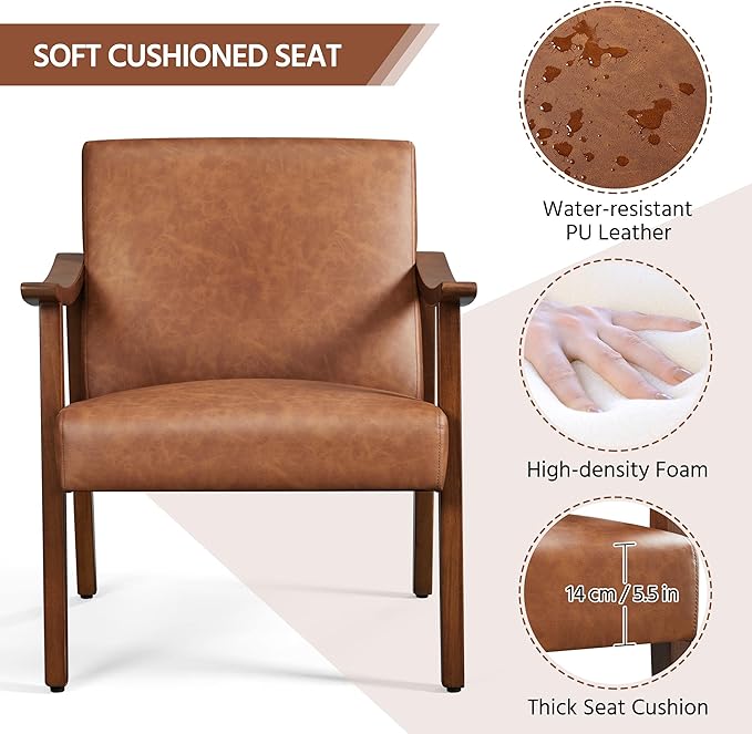 Yaheetech PU Leather Accent Chair, Mid-Century Modern Armchair with Solid Wood Legs, Reading Leisure Chair with High Back for Living Room Bedroom Waiting Room, Brown