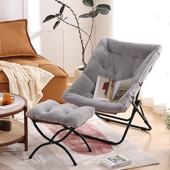Comfy Folded Chair with Ottoman, Oversized Folding Faux Fur Chair Soft Furry Lounge Lazy Chair with Metal Frame Moon Chair Accent Chair for Bedroom, Living Room, Dorm Rooms