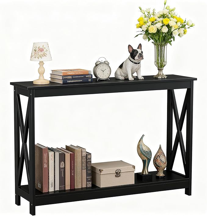 ZenStyle Sofa Side Console Table with 2 Storage Shelves Narrow Accent Table for Entryway/Hallway/Living Room, 46.9in L x 11.8in W x 31.7in H, Black