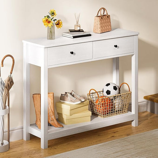 Gizoon Console Table with Drawers, Sofa Table with Storage Shelves, 2-Tier Wooden Entryway Table for Living Room, Kitchen, Hallway, Foyer, White