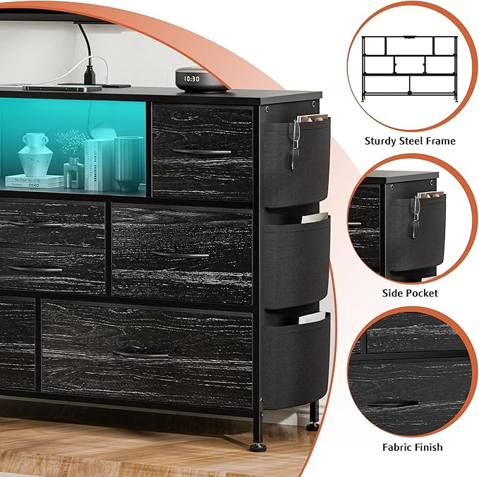Dresser for Bedroom with 8 Drawers, Dresser TV Stand with LED Lights and Power Outlets, Fabric Chest of Drawers with Side Pocket for Living Room, Entryway, Bedroom Furniture (Black Wood Grain)