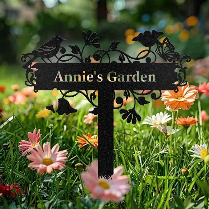 Personalized Garden Signs with Stake, Custom Garden Signs Metal for Outdoor Waterproof, Customized Metal Name Sign, Birds Flowers Design Home Patio Yard Decor Gardening Gift