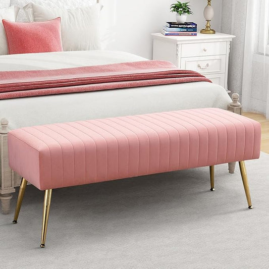 Furnimart 44 Inch Pink Velvet Ottoman Bench, Modern Upholstered Bedroom Benches Footrest Stool Indoor Bench for Entryway Living Room Bedroom Dining Room (Velvet-Pink)