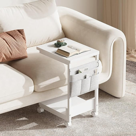 Side Table,C Table with 2-Tier Storage Shelf, End Table with a Storage Bag, Sofa Table with Wheels for Living Room, Bedroom, Office, Bathroom, White