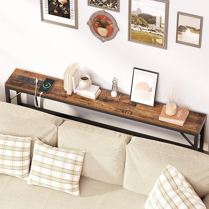 47.2'' Skinny Console Table with Charging Station and Storage, Narrow Sofa Table with Power Outlets and USB Ports, Behind Couch Table, for Living Room, Foyer, Entryway, Hallway, Rustic Brown