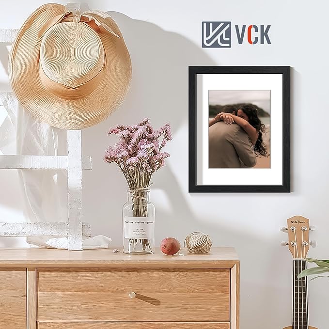 VCK 11x14 Picture Frame Set of 2 - Black, Textured Exclusive Wooden Frames with HD Glass, Display Photo 8x10 with Mat or 11x14 Without Mat