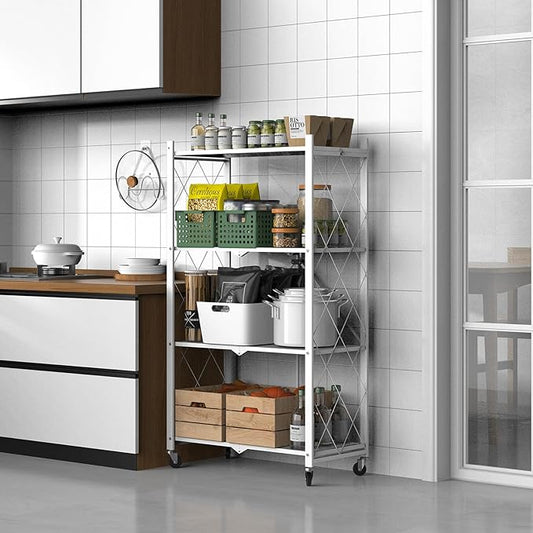 50" H 4 Tier Foldable Storage Shelf with Wheels, Folding Shelving Loads 400 LBS, Metal Steel Garage Shelves, Rolling Standing Utility Rack for Kitchen, Pantry, Office, White