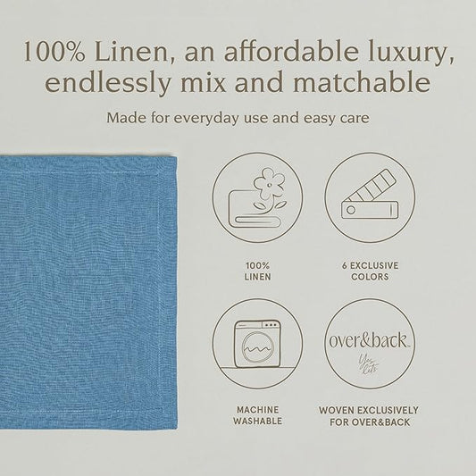 Over&Back Set of 4 Washed 100%-Linen Woven Placemats - Colorful Dining Table Mat - Machine Washable - Kitchen and Home Decor - Blue