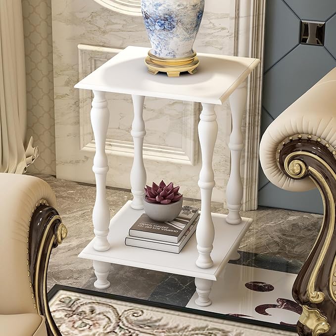 TaoHFE European Style End Tables Living Room White Square Sofa End Table 2-Tier Wooden End Side Table with Open Shelf Retro Vintage 24 Inch Bed Side Table for Bedroom Small Space, White