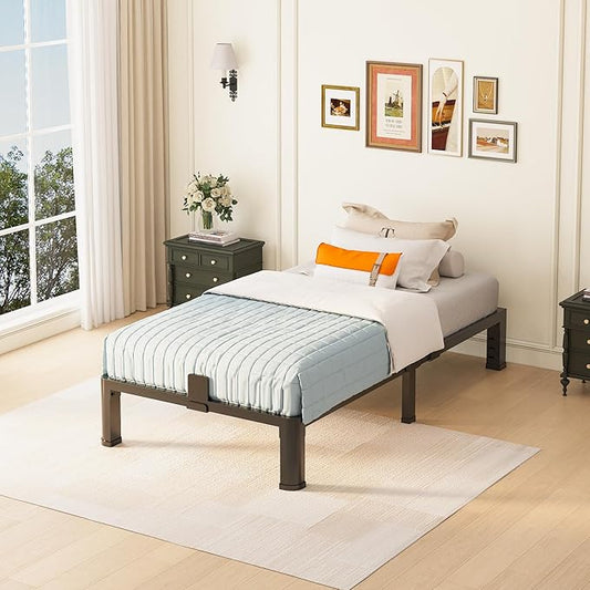 10 inch Twin Bed Frame with Rounded Corner Legs and Headboard Hole Mattress Slide Stopper Low Profile Heavy Duty Support Metal Platform,No Box Spring Needed,Noise Free,Easy Assembly