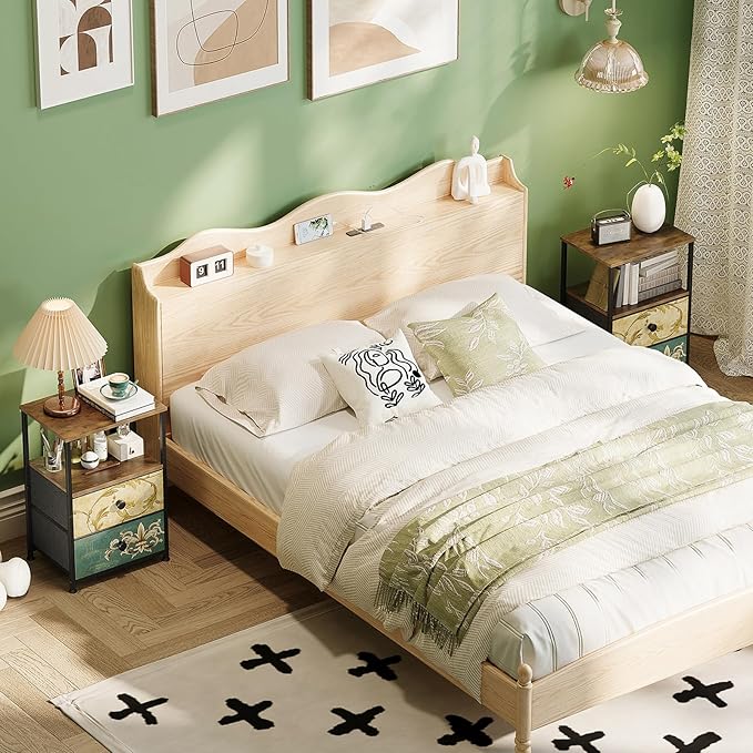 Tohomeor Nightstand with 2 Fabric Drawers Retro Flower End Table Side Table with Open Storage Shelf for Bedroom Living Room Sofa Beside Vintage