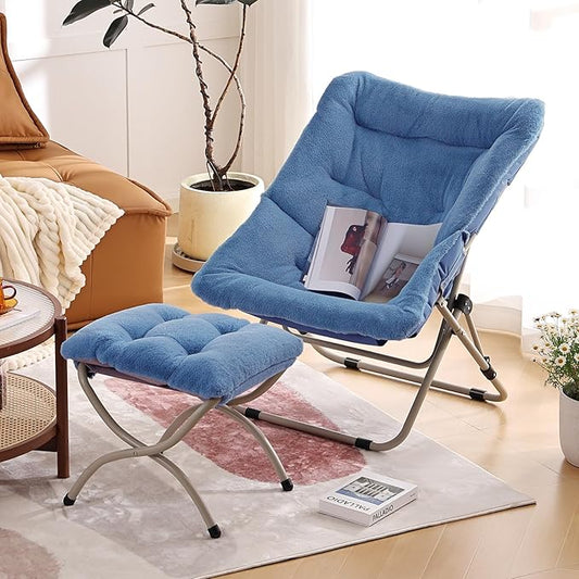 Comfy Folded Chair with Ottoman, Oversized Folding Faux Fur Chair Soft Furry Lounge Lazy Chair with Metal Frame Moon Chair Accent Chair for Bedroom, Living Room, Dorm Rooms