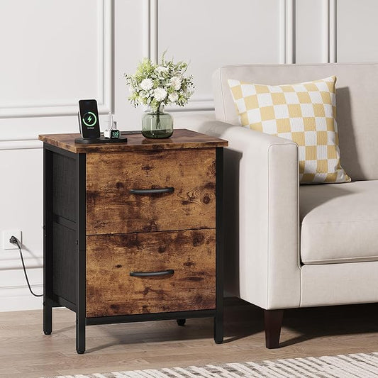Vagusicc Nightstand Set of 2 with Charging Station, End Table Bedside Table with Power Outlet & USB Ports, Side Table with 2 Fabric Drawers for Bedroom, Living Room, Rustic Brown