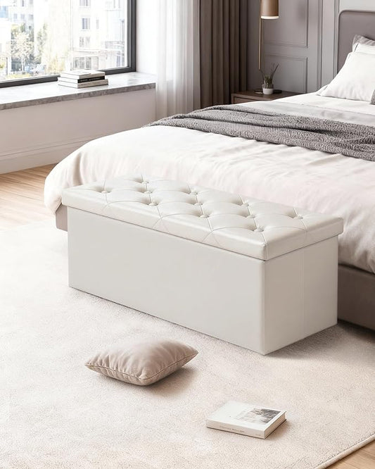 GLAXYFUR Storage Ottoman Bench, 43 Inches Folding Ottoman with 2 Dividers, PU Leather Foot Rest, End of Bed Bench, Storage Chest for Living Room, Bedroom and Entryway (White)
