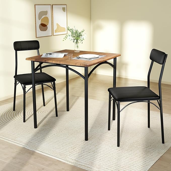 Giantex 3-Piece Dining Table Set, Square Kitchen Table with 2 Upholstered Armless Chairs, Padded Backrest, Metal Frame, Space-Saving Dinette Set for Small Spaces, Living Room, Dining Room